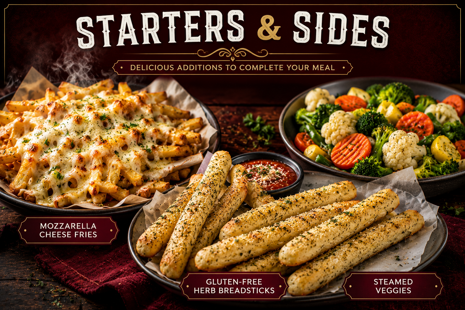 Mozzarella cheese fries, gluten-free herb breadsticks and steamed vegetables